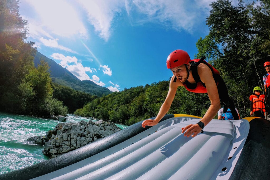 rafting slovenia fun with sliding down rafting boat